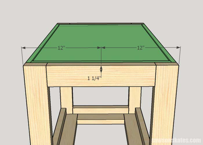 Sketch showing the hole location for the mounting hardware of the DIY Flip-Top Cart
