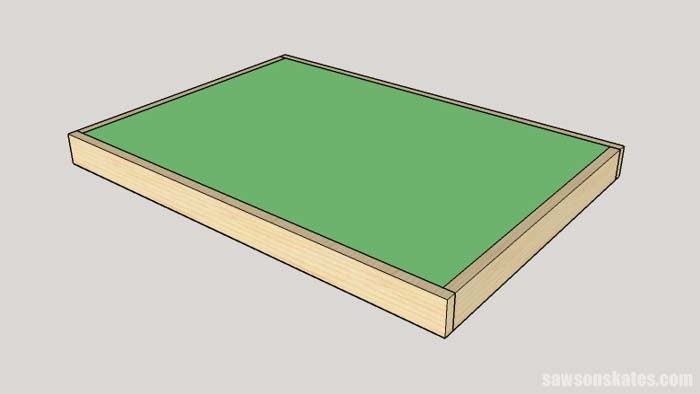 Sketch showing the plywood top being installed in the table frame for the DIY Flip-Top Cart