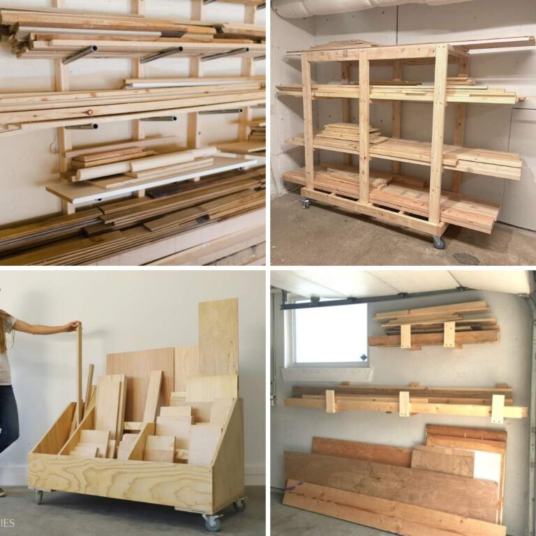 Collage of DIY scrap wood storage ideas featuring wall-mounted lumber racks, a rolling lumber storage cart, a divided plywood scrap bin on casters, and simple wall shelves holding boards.