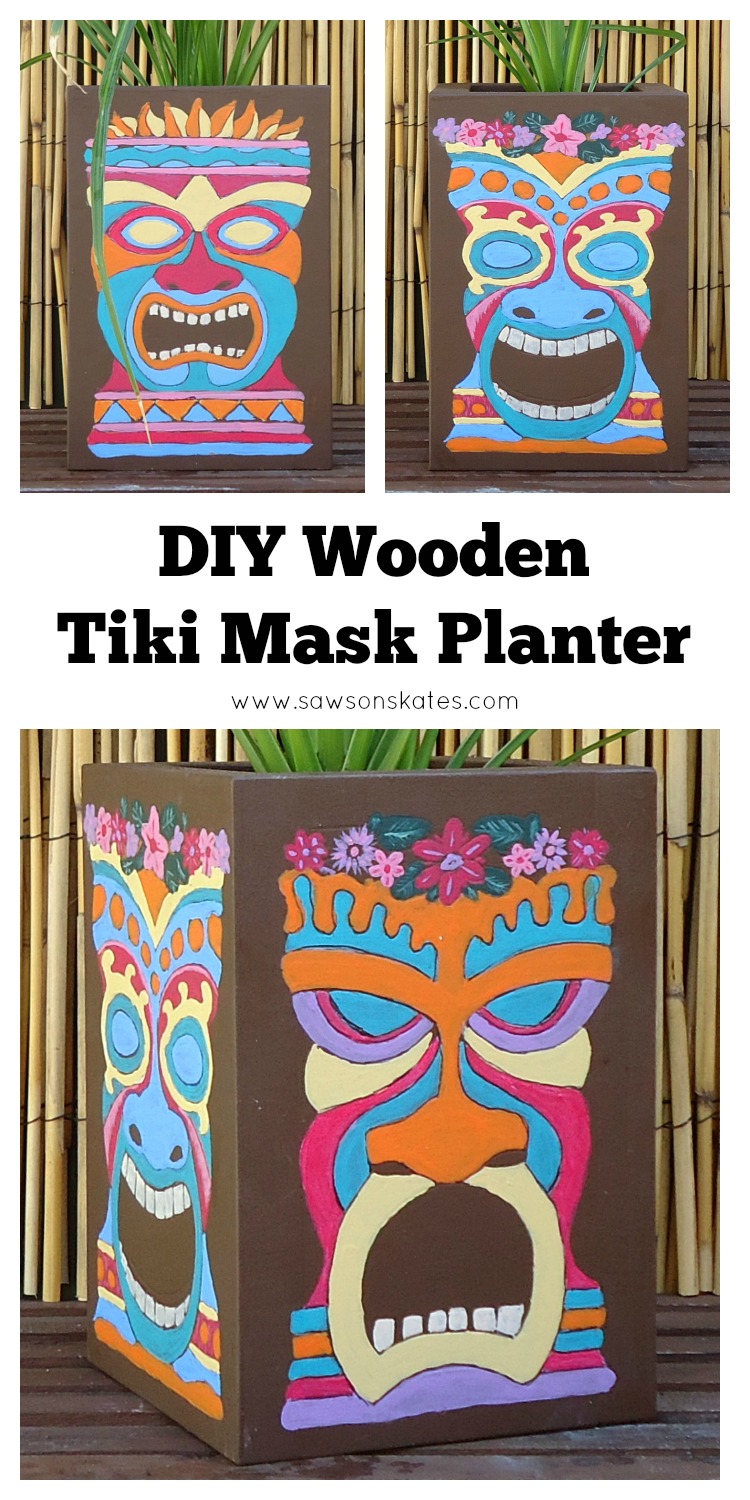 Love this colorful DIY tiki planter! The plan is so easy to follow, it's made with scrap wood and the tiki faces were traced on the container, so painting them is nearly goof proof! Definitely making this!