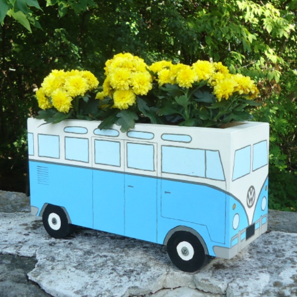 DIY Flower Power Painted Wood Bus Planter