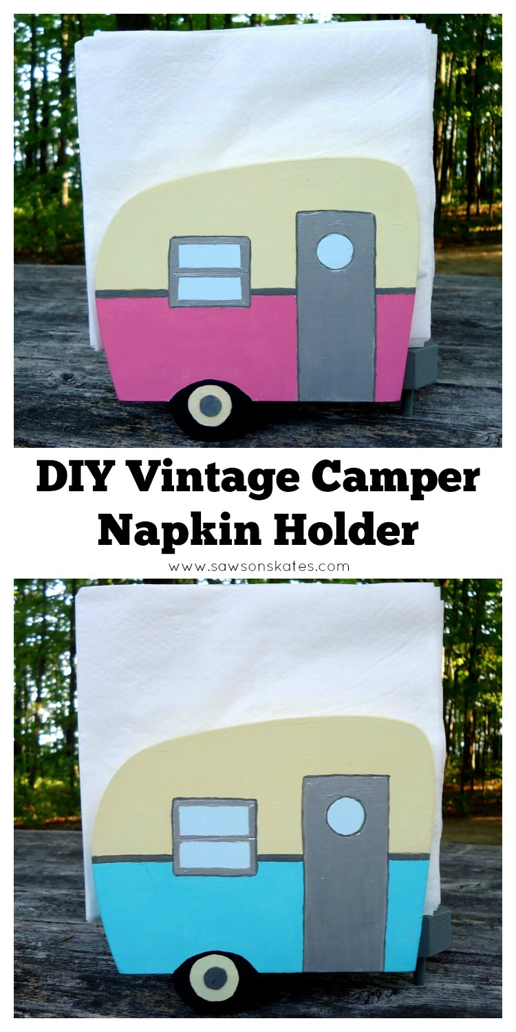 Looking for napkin holder craft ideas? This DIY wooden vintage camper napkin holder is guarnteed to you make you smile! This tutorial shows how to make the holder from scrap wood and paint it with fun, 50's inspired colored craft paints.