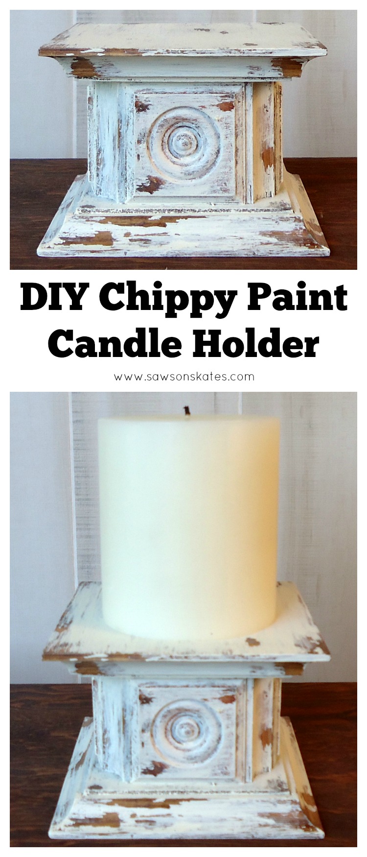 Looking for easy DIY candle holder ideas? Look no further than this antique style pillar candle holder featuring wooden rosettes and a chippy paint finish! Make it for yourself or give as a gift.