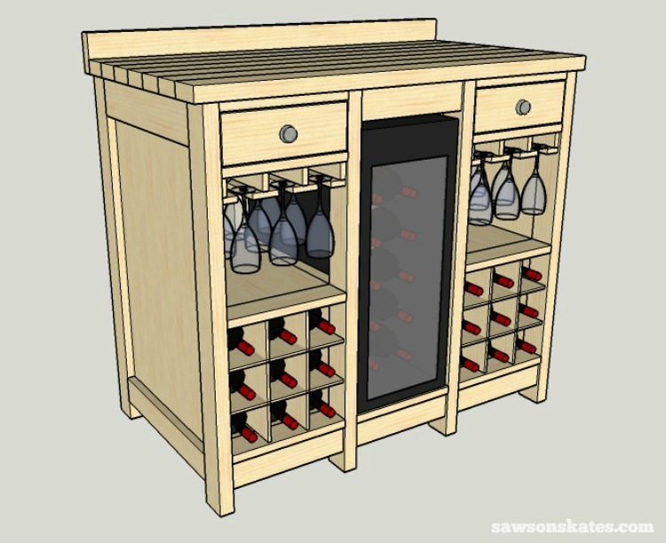 Use these free plans to build a DIY wine credenza with refrigerator! It features an area for a fridge, wine glasses and storage for 18 wine bottles.