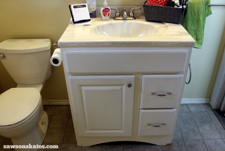 Check out the plans for this small DIY vanity. It features book-matched panels , faux drawers and an IKEA Yddingen sink. It's BIG on style, but fits in a small space! Bathroom before
