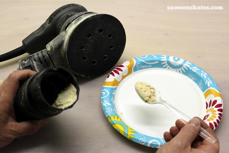 This easy to make DIY wood filler is perfect for filling nail holes, cracks or gaps in wood - collect sawdust and pour on a paper plate
