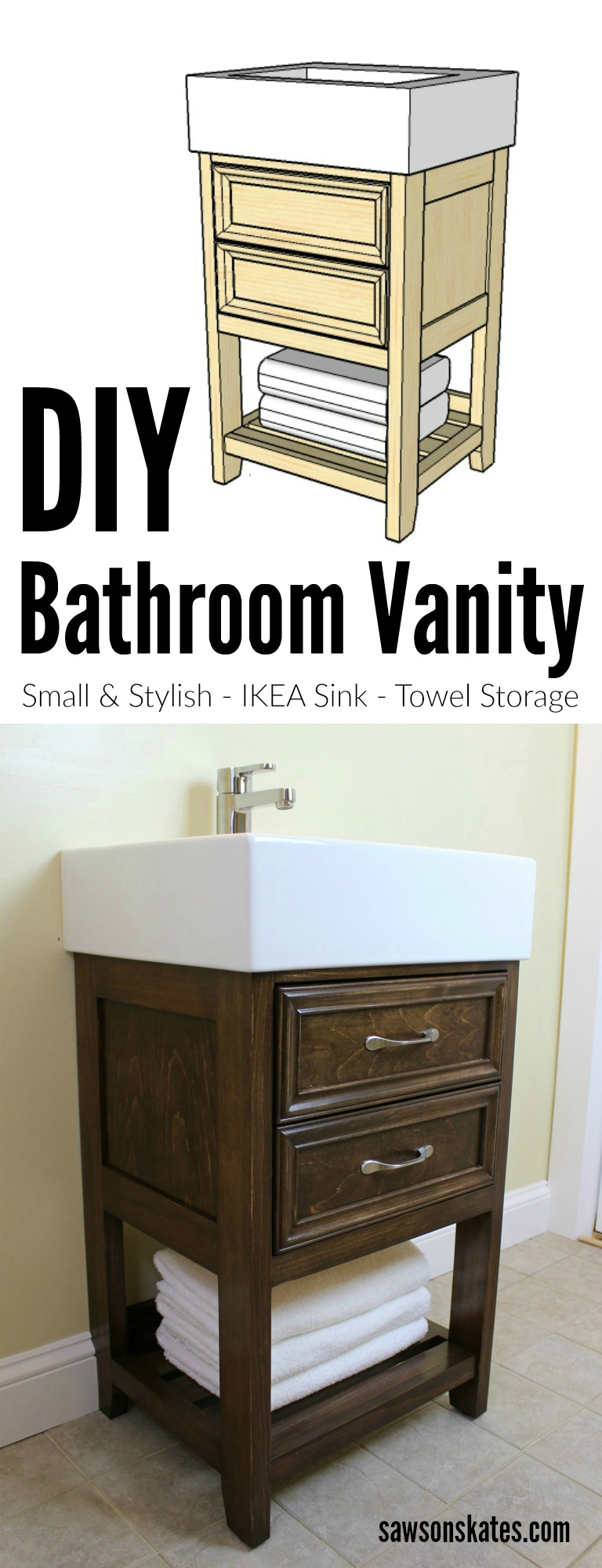 Looking for small DIY bathroom vanity ideas? Check out the plans for this DIY vanity designed to look like a small dresser. It features book-matched panels, faux drawers and an IKEA Yddingen sink. It's BIG on style, but fits in a small space!