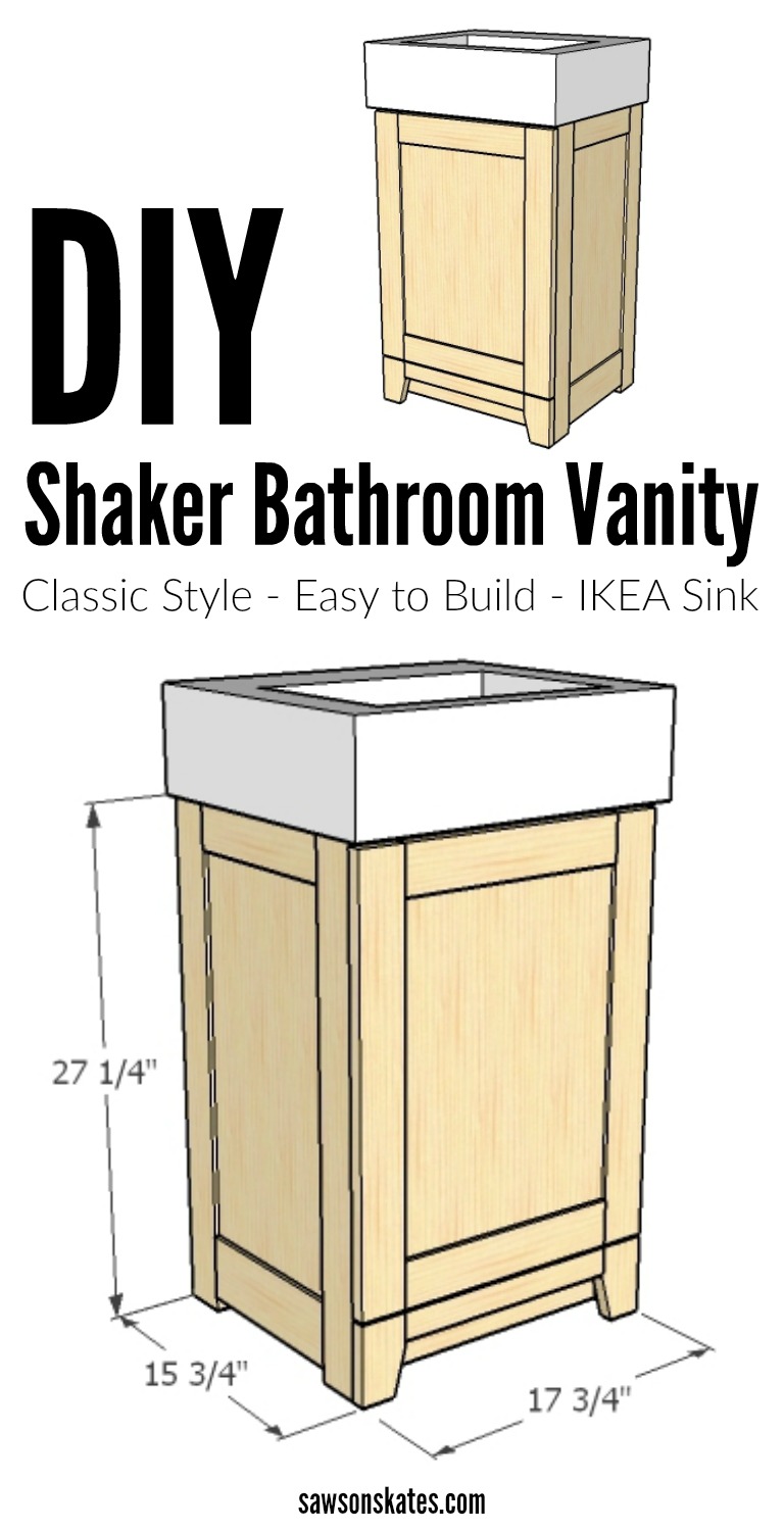 I LOVE Shaker style bath ideas! Check out these easy to build plans for a wood DIY Shaker bathroom vanity. The design is perfect for a small bath and it features an IKEA sink. Stain it or just imagine it painted white!