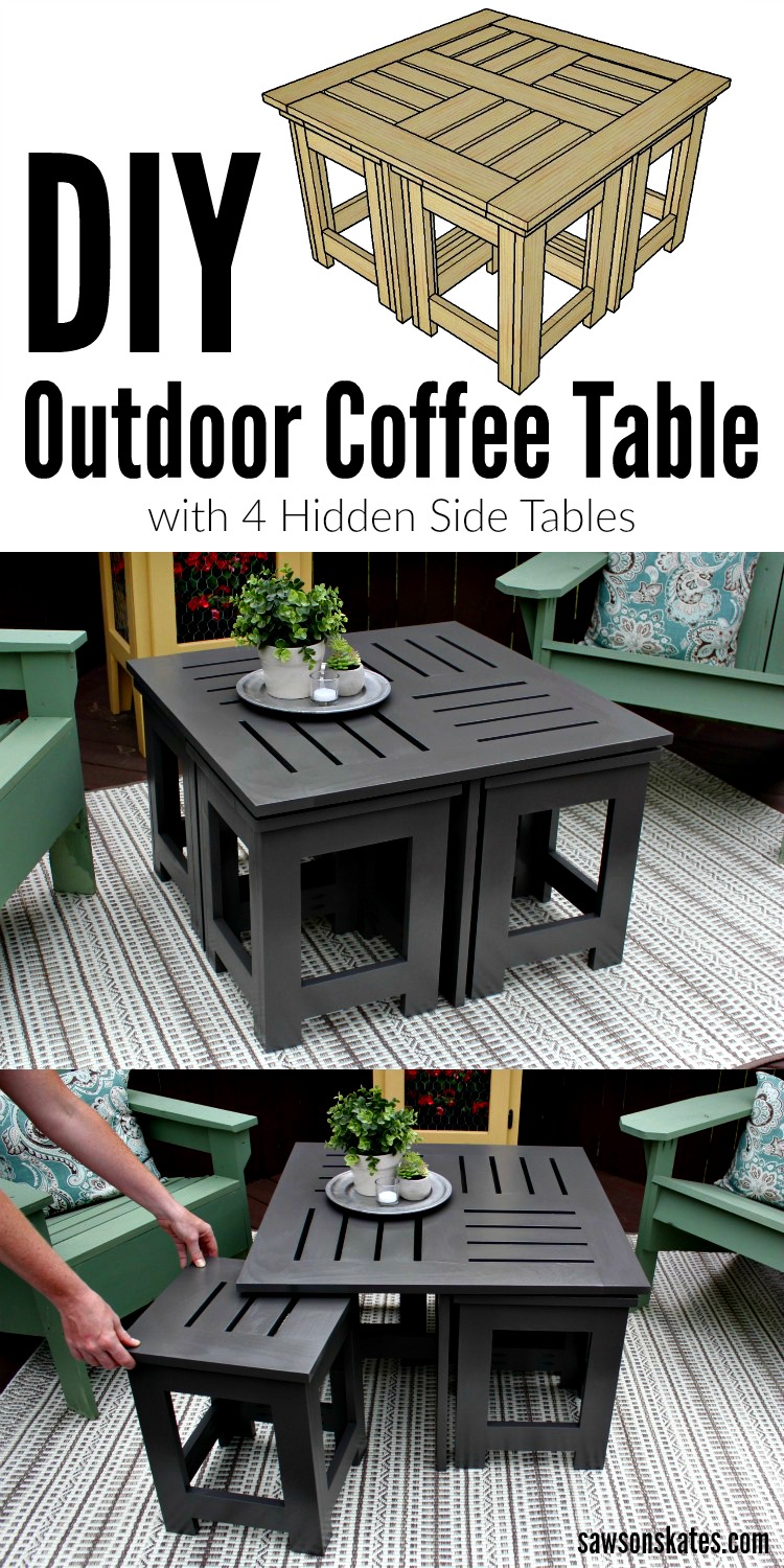 Looking for ideas for an easy DIY outdoor coffee table? This plans shows how to make a small coffee table is perfect for a patio or deck, plus it features four hidden side tables. Reach under the table, pull out the four small side tables and you quadrupled the space for beverages and burgers!