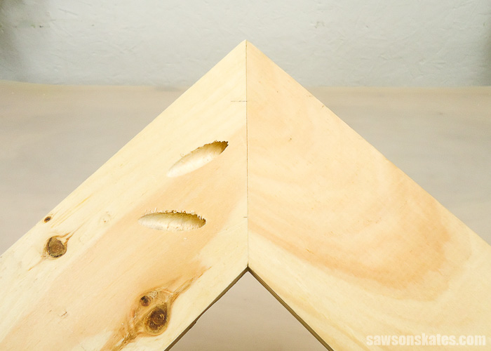 Drilling pocket holes on miter joints - Here's a look at the completed joint with one pocket hole closer to the toe