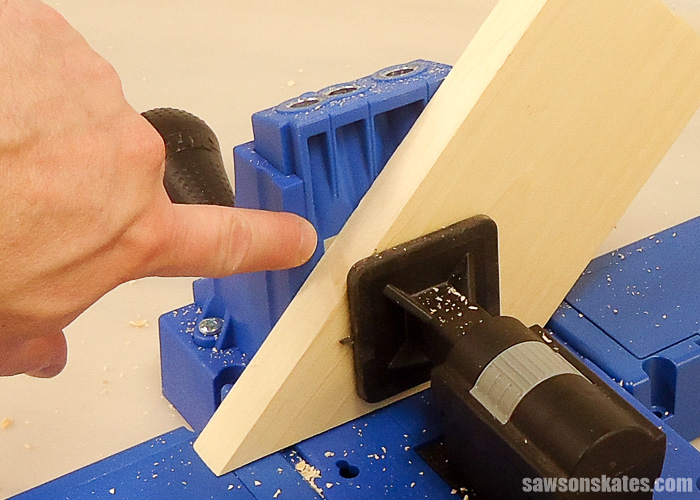 Drilling pocket holes on miter joints - Here's what you want the back of the of the jig to look like. You always want the hole covered. This will ensure the pocket hole will be drilled through the face of the board rather than the edge of the board