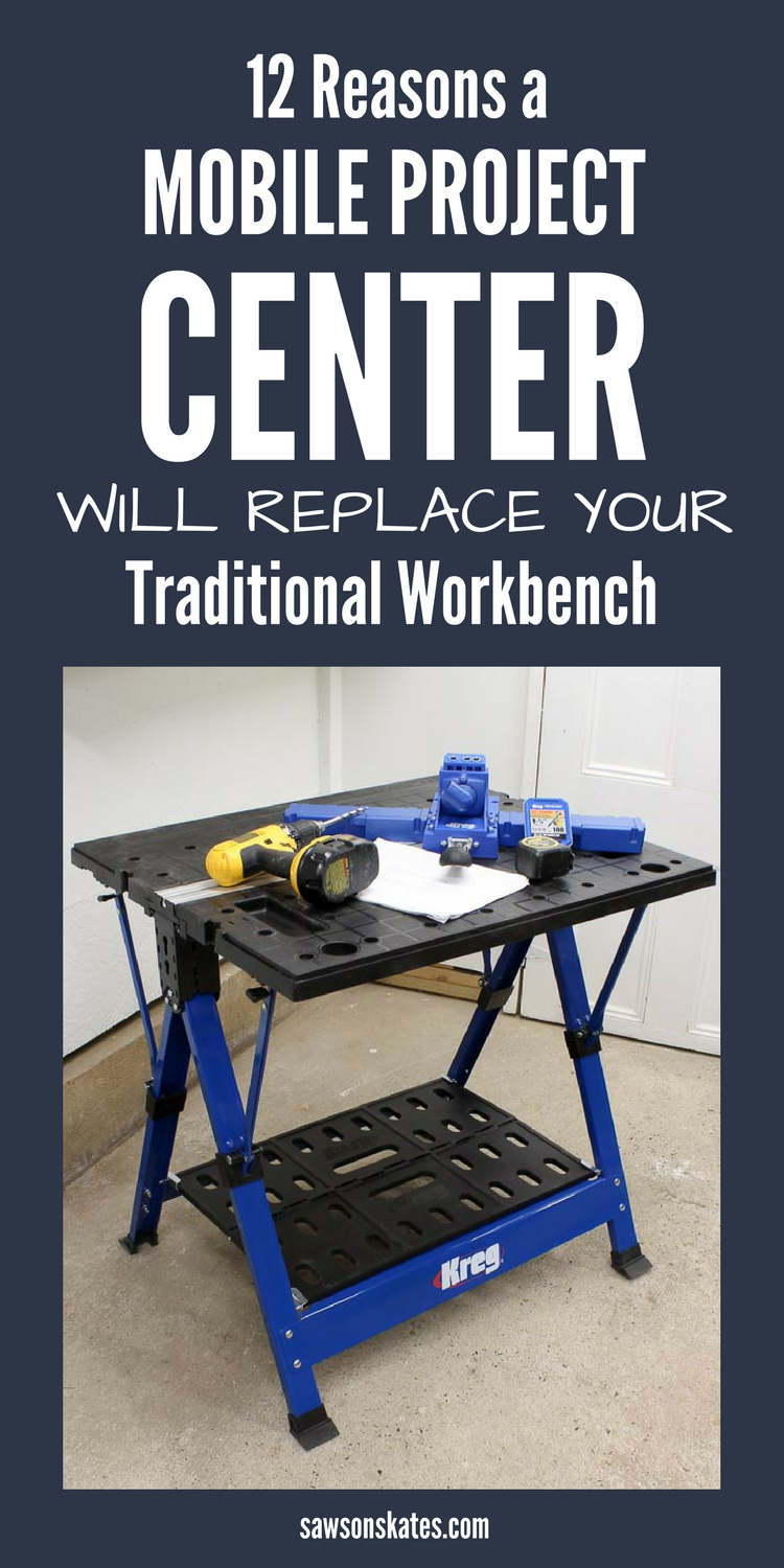 Looking for workbench ideas? Unsure if you should buy or DIY a workbench using plans. Before you decide on a traditional workbench check out the Kreg Mobile Project Center. It's a collapsible, folding, mobile workbench that can be used as an assembly table, for clamping, as a sawhorse and more! #workbench #smallworkshopideas