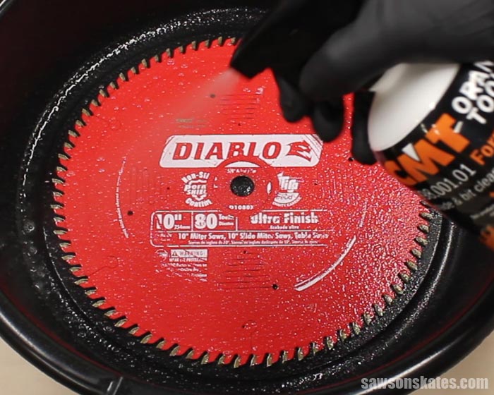 Clean saw blades by spraying the blade with saw blade cleaner and allow to soak for 15 minutes