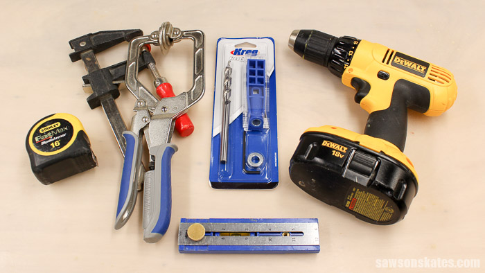 To use Kreg Mini pocket hole jig you’ll need a drill, a Kreg wood project clamp and a tape measure. I think it’s also really handy to have a bar clamp and a Kreg Multi-Mark. Oh, and of course you’ll need the Kreg Mini Jig Kit!