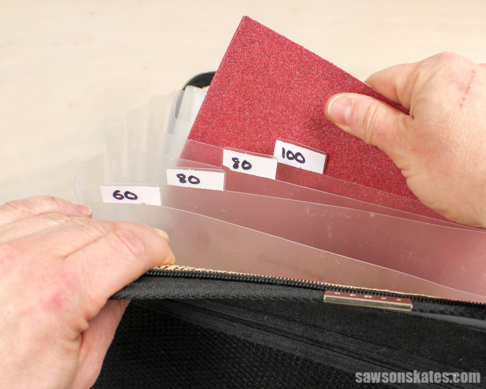An accordion file makes sandpaper storage simple, easy to transport to a job site and is the perfect space-saving solution for a small workshop.