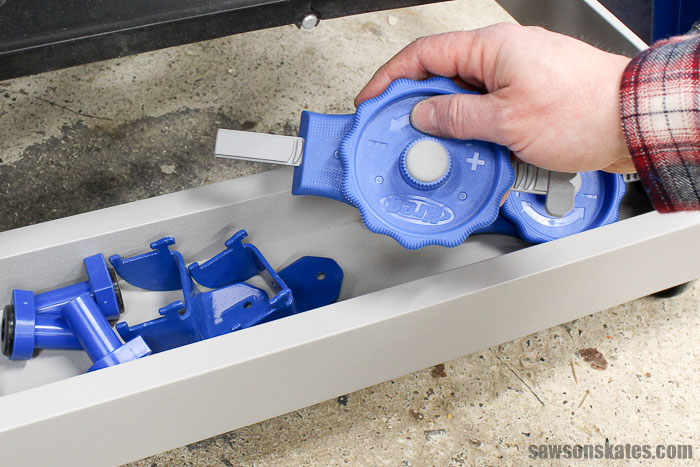 The cradles on the ends of the ultimate workbench provide a place a convenient place to store accessories like bench dogs, In-Line Clamps, Kreg Bench Clamps and Kreg Wood Project Clamps 