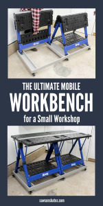 The Kreg Mobile Project Center is a workbench, an assembly table, a clamping station, it can be used as a sawhorse, and it folds flat for storage, so it’s the perfect solution for a small workshop. But add a second Mobile Project Center and this easy to build DIY rolling base and you have the ULTIMATE WORKBENCH for a small workshop! Casters allow the base to move where you need it and lock to keep the workbench in place. Storage areas keep accessories close at hand. #workbench #smallworkshop #woodworkingtips