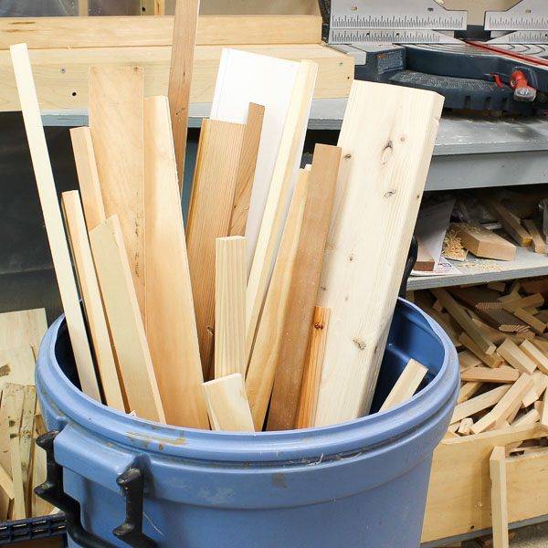 Scrap wood and cutoffs can be stored in a garbage can