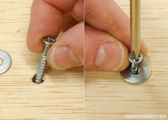 A wood table top can be attached with a wood screw in an oversized hole