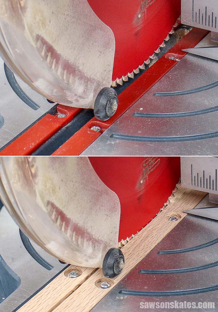 Comparing a stock miter saw throat plate to a DIY zero clearance insert