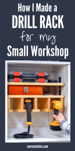 My cordless drills are finally organized! My tools used to be in a disorganized pile in the corner of my shop. But not anymore! I just used these free plans to build a drill storage rack. Now my drills are on display, organized and easy to find. So glad I made this!