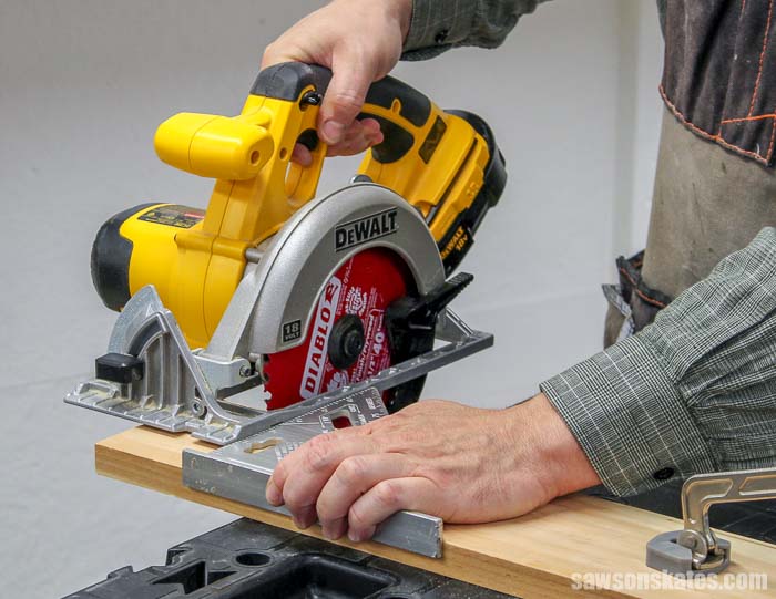 Using a speed square to make a straight cut with a circular saw