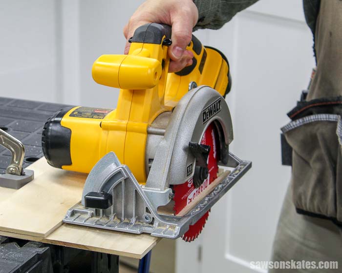 Trimming the left edge of a DIY circular saw guide