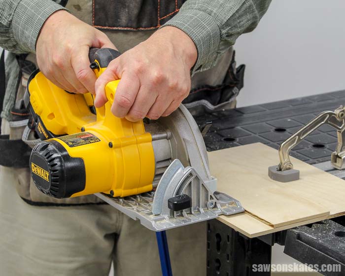 Trimming the right edge of a DIY circular saw crosscut jig
