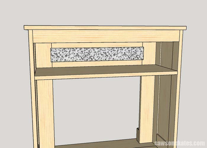 Installing the glass in the DIY electric fireplace mantel and TV stand
