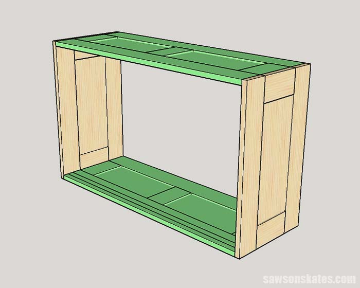Sketch showing how to attach the top and bottom of the DIY tool storage cabinets to the sides