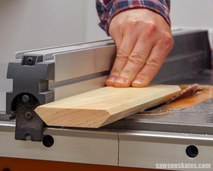 Making crown molding on the table saw by cutting two wide 45-degree bevels after cutting two narrow bevels
