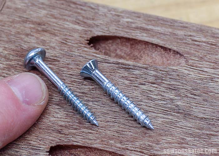 A fine-thread pocket screw compared to a wood screw