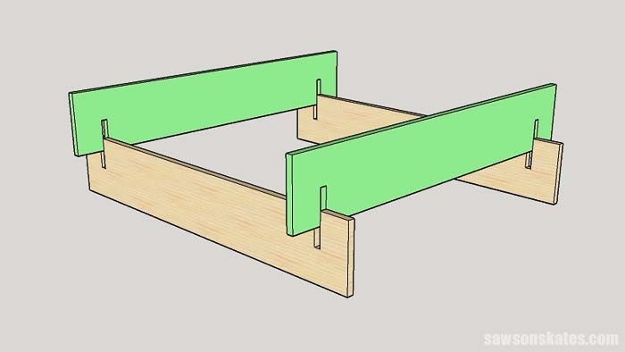 Sketch showing how to slide the sides of the box together for the tiered garden bed plans
