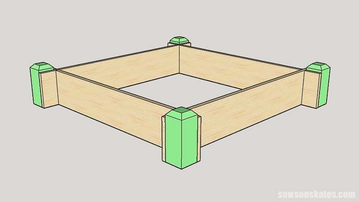 Sketch showing how to install the tiered raised garden bed corners