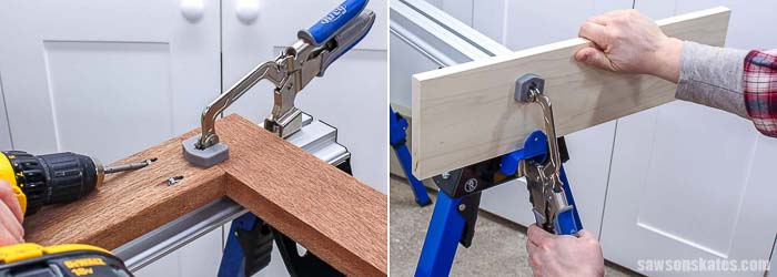 The bnech clamp can attach to the top or side of the Kreg Track Horse sawhorse
