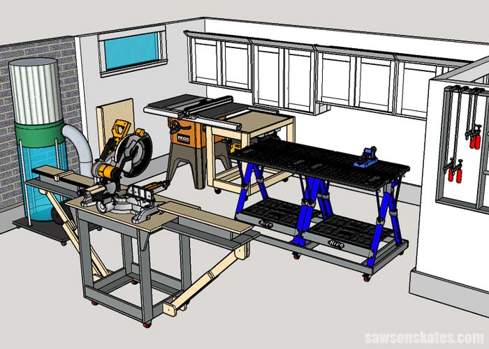 Come see how I layout my 156 sq ft woodshop! I’m sharing all of the space-saving ideas I use to setup my power tools, tool storage, and worktables.