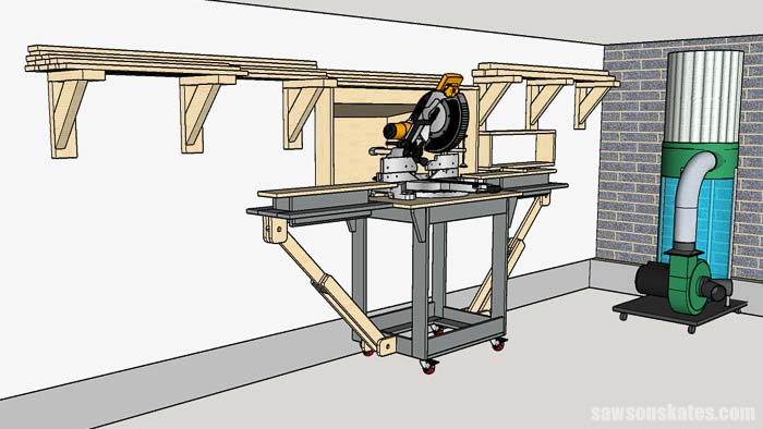 The design of this miter saw station saves space in woodshop