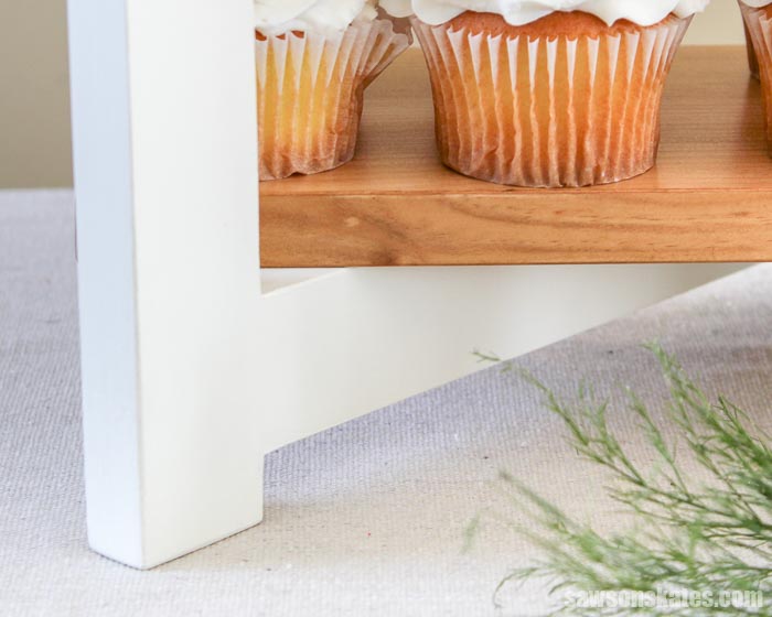 DIY cupcake stand with painted legs and stained wood shelves