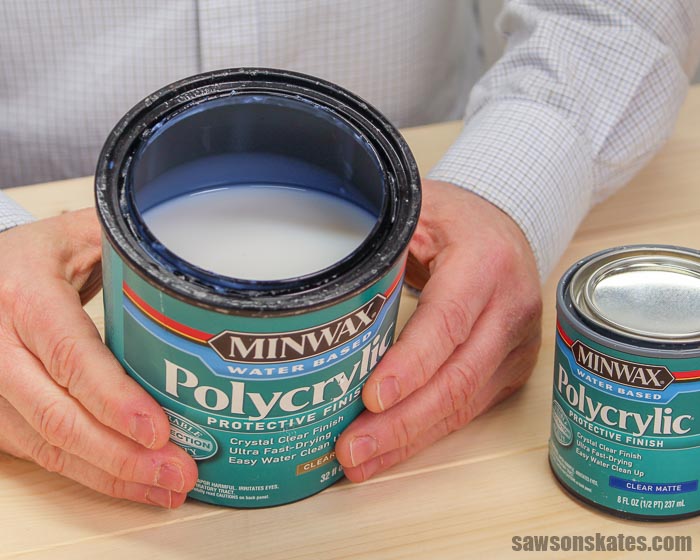 Polycrylic vs Polyurethane - polycrylic has a milky white color and a runny consistency