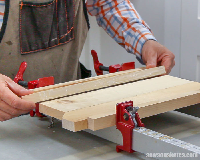 Assembling the wooden leg for a DIY bench
