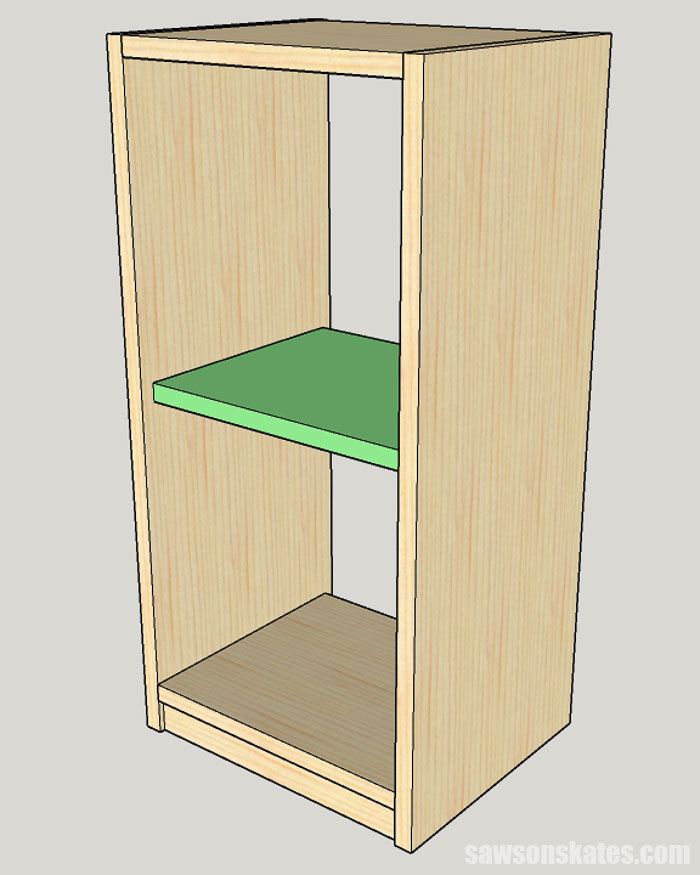 Sketch showing how to attach the fixed shelf in a DIY apothecary cabinet