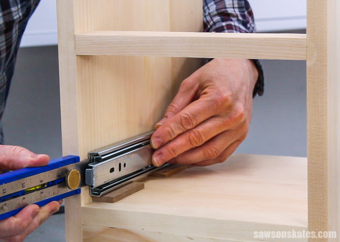 Installing drawer slide into a DIY nightstand with three drawers