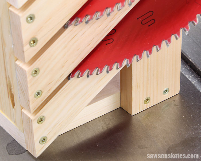 Looking down at the side of a DIY saw blade storage rack
