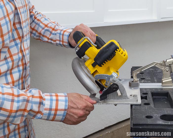 Setting a circular saw to 45 degrees to cut a french cleat
