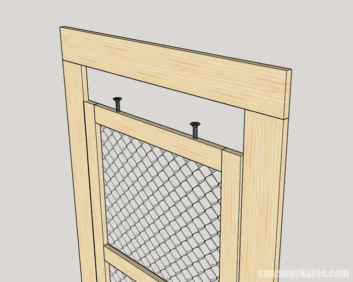 Sketch showing how a window screen is installed using screws that act as pins into holes in the exterior trim