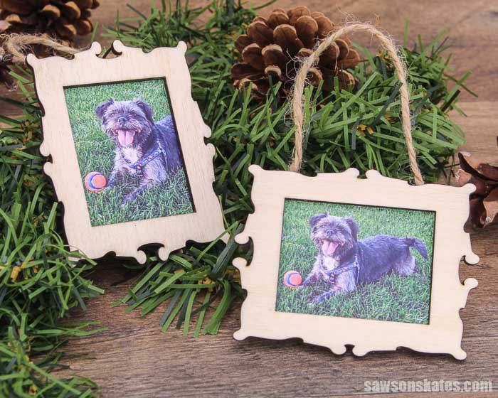Two DIY Christmas picture frame ornaments with dog pictures: portrait frame on the left and landscape frame on the right