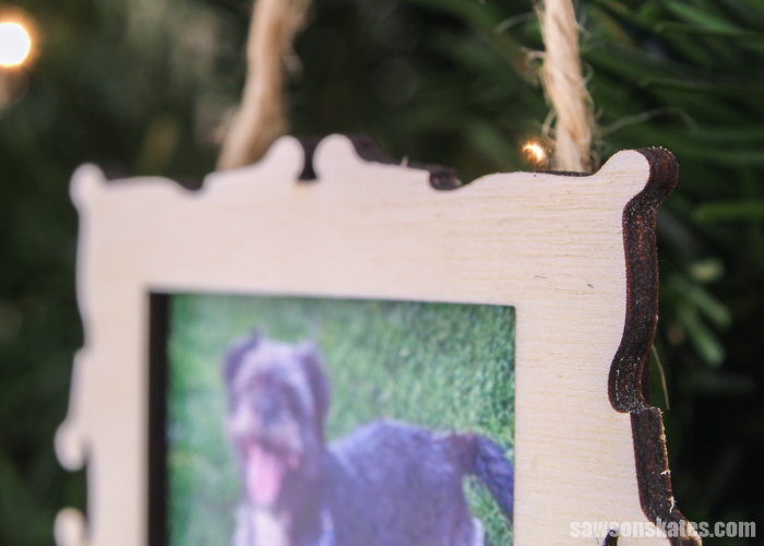 Close up showing the detail of a DIY Christmas photo frame ornament