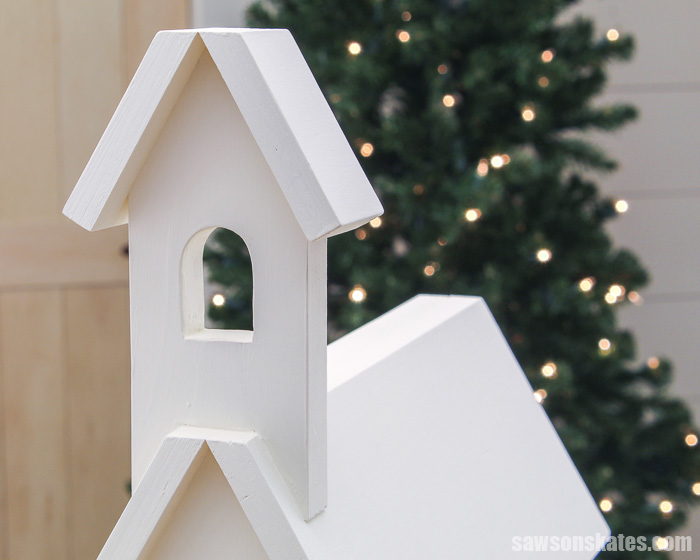 Steeple of a DIY holiday card display shaped like a church