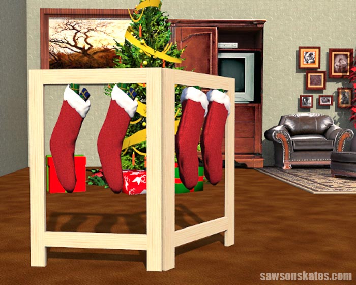 Front view of a DIY stocking holder stand
