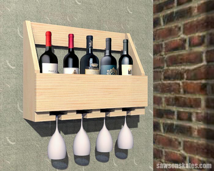 wall mounted wine rack with wine glass hangers on bottom